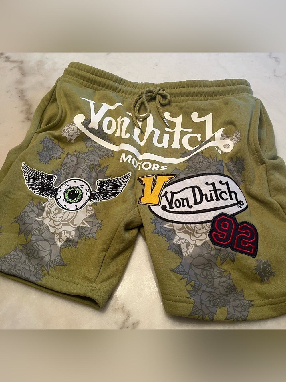 Von Dutch Olive Green Graphic Logo Patch Athletic Shorts